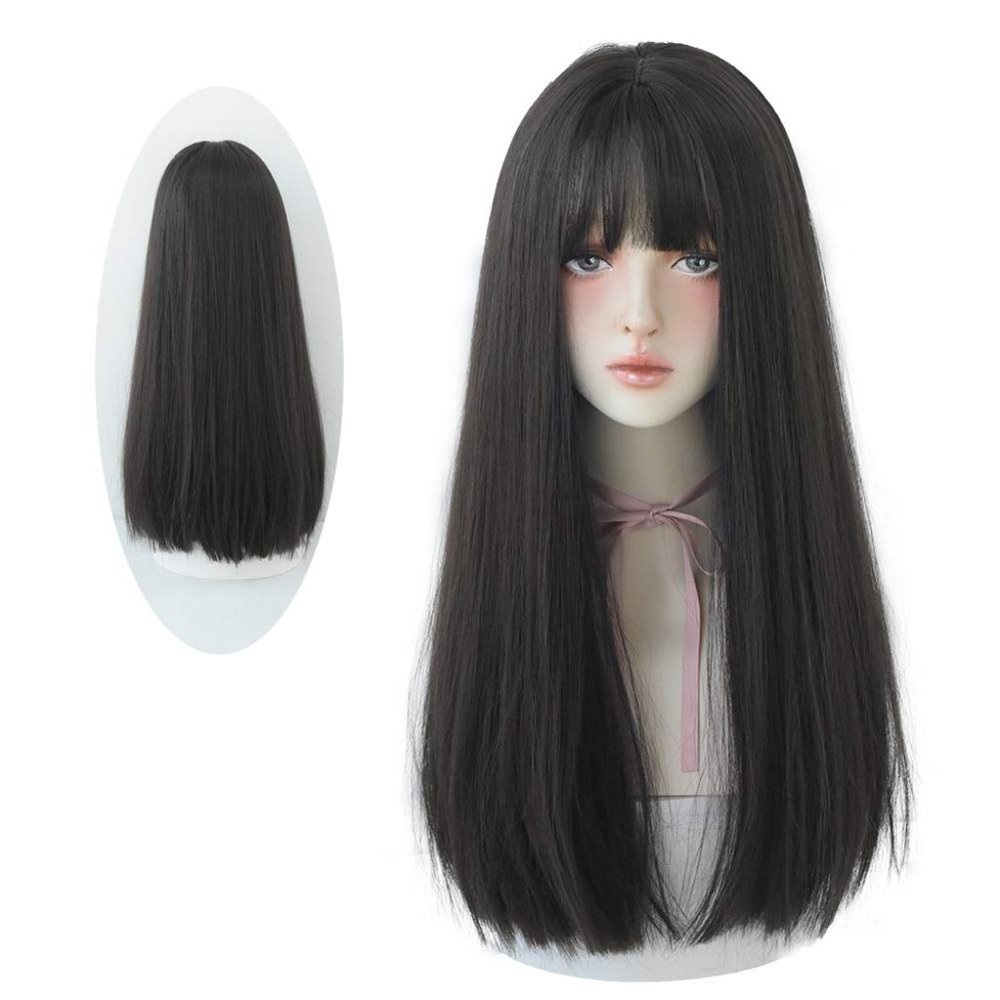 Black Straight Hair Wig with Bangs Synthetic High Density Long Hair Wig